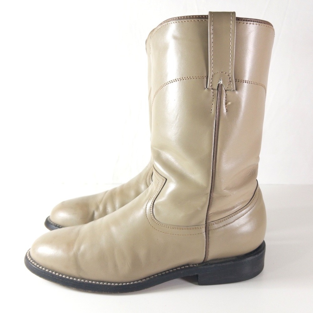 VTG Cowtown Handmade Plain Jane Cowboy Boots Mens 8 D Solid Taupe Leather Mexico
